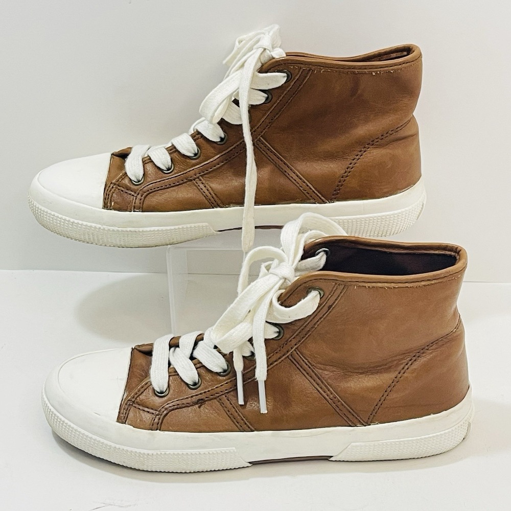 Ralph Lauren Women's Brown Tan High Top Lace Up Leather Sneakers High Tops Sz 6B - Picture 4 of 9